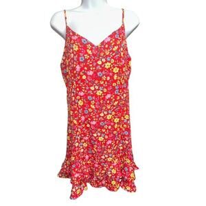 A...Love Story Medium Dress Red Yellow Floral Sundress Ruffles Adjustable Straps